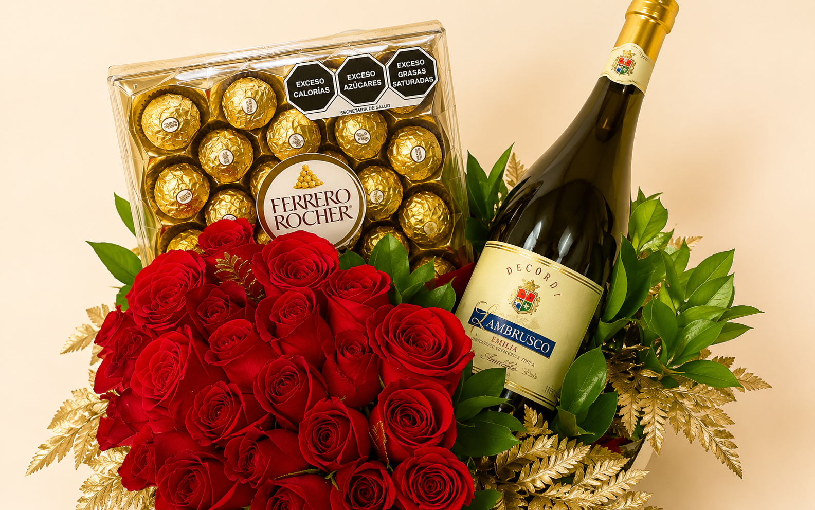 CORAZÓN CON CHOCOLATES Y BOTELLA