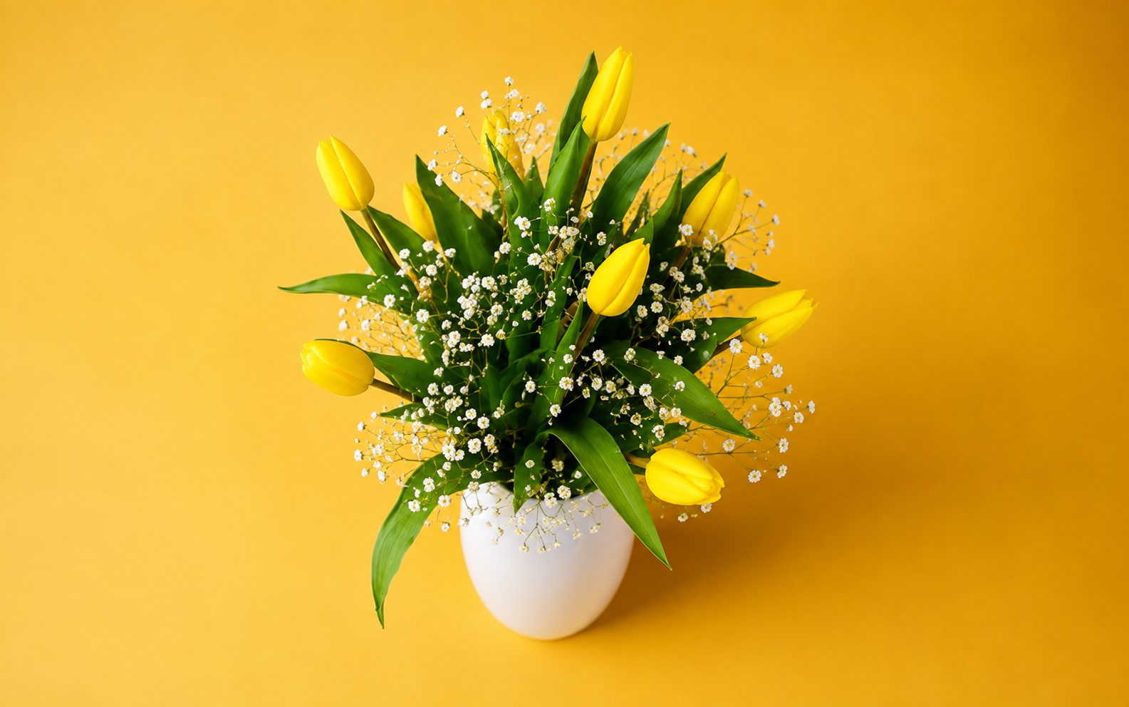 Jarrón Cerámico con 10 Tulipanes y Gypsophilia