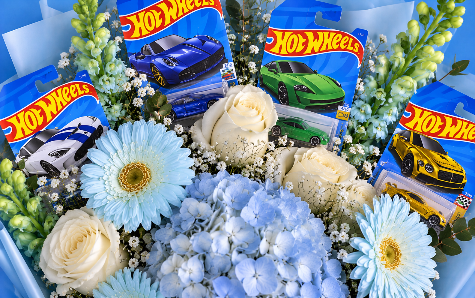 Ramo de flores para hombre con hot wheels.
