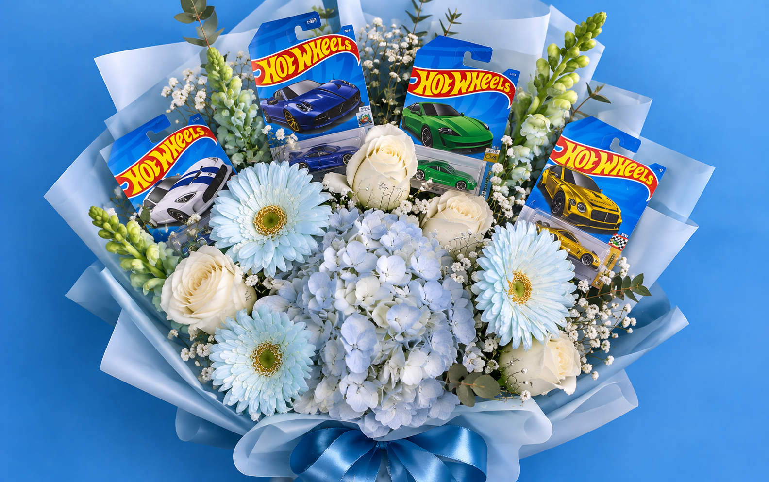 Ramo de flores para hombre con hot wheels.