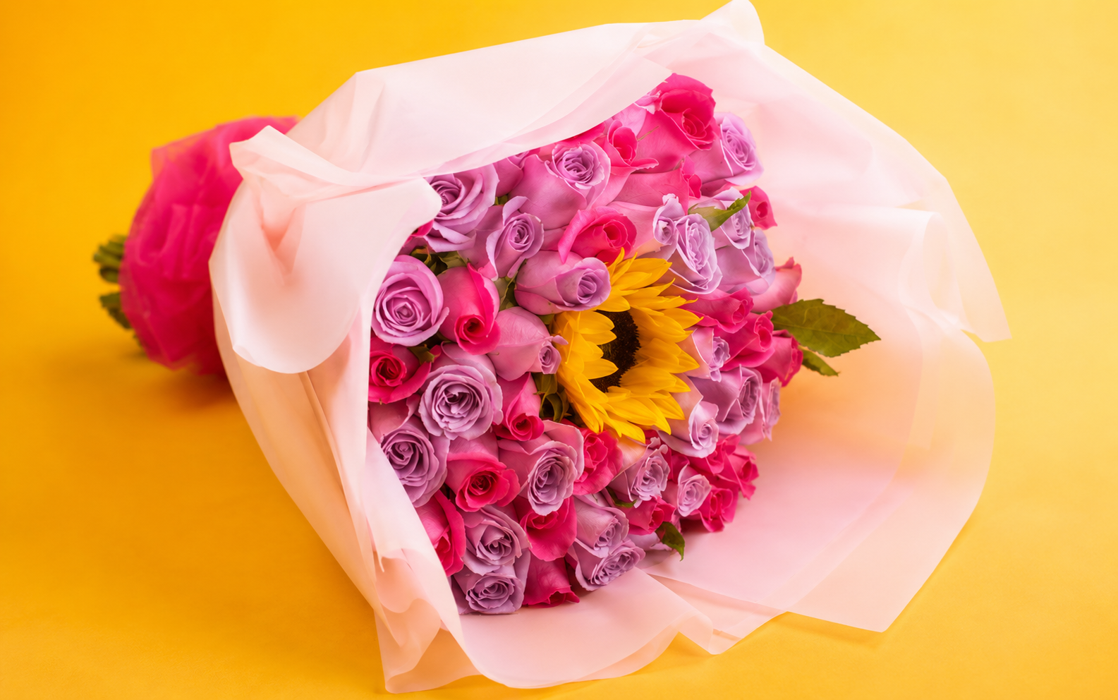 Bouquet de 50 Rosas Combinadas y 1 Girasol.
