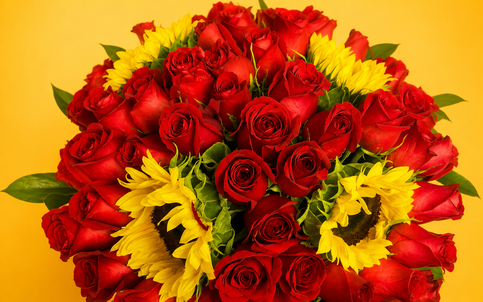 Jarrón con 50 Rosas Rojas y 4 Girasoles