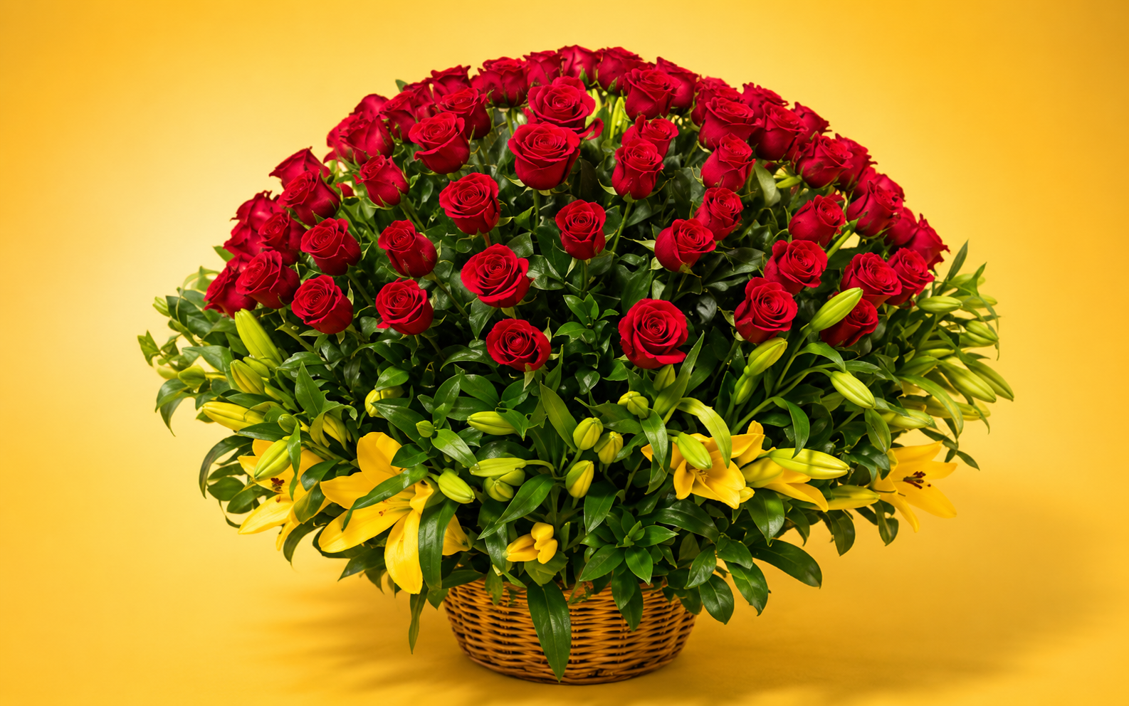 Canasta de 100 Rosas Rojas con lilis amarillas