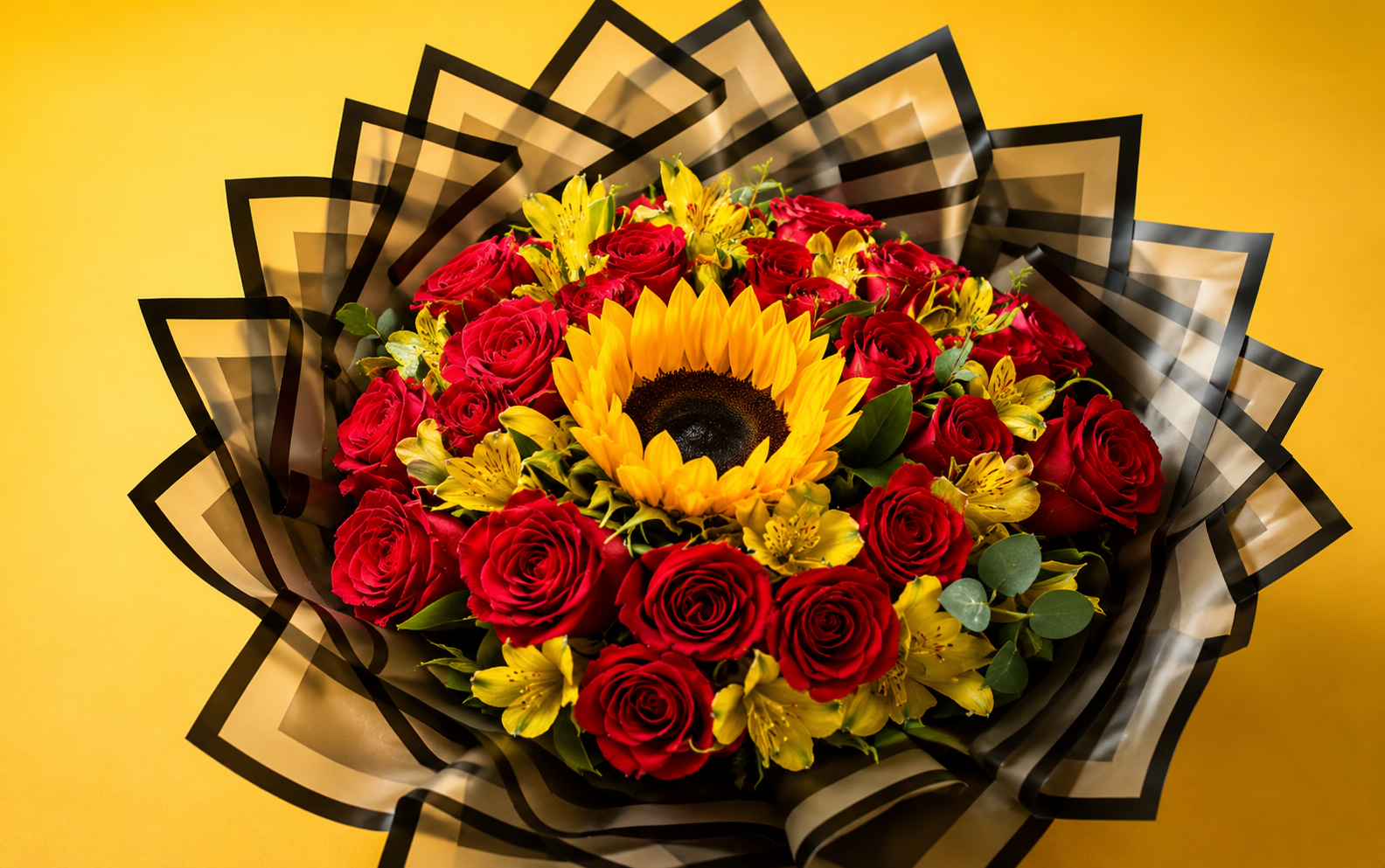 Ramo con Girasol Central y 24 Rosas
