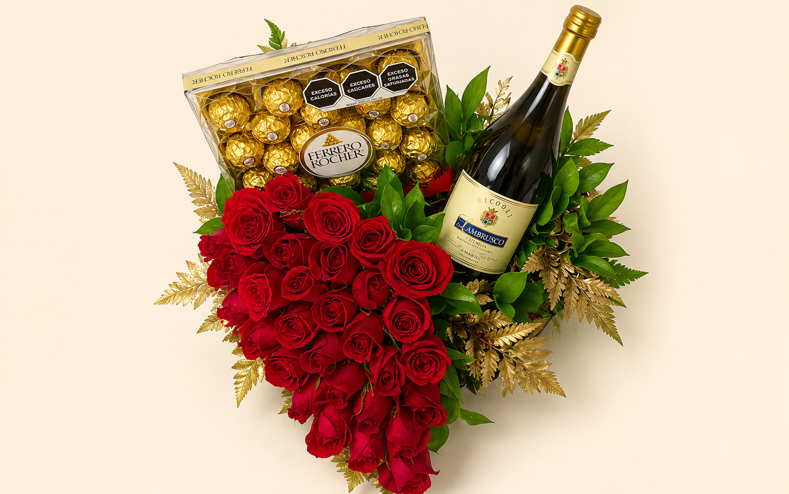 CORAZÓN CON CHOCOLATES Y BOTELLA