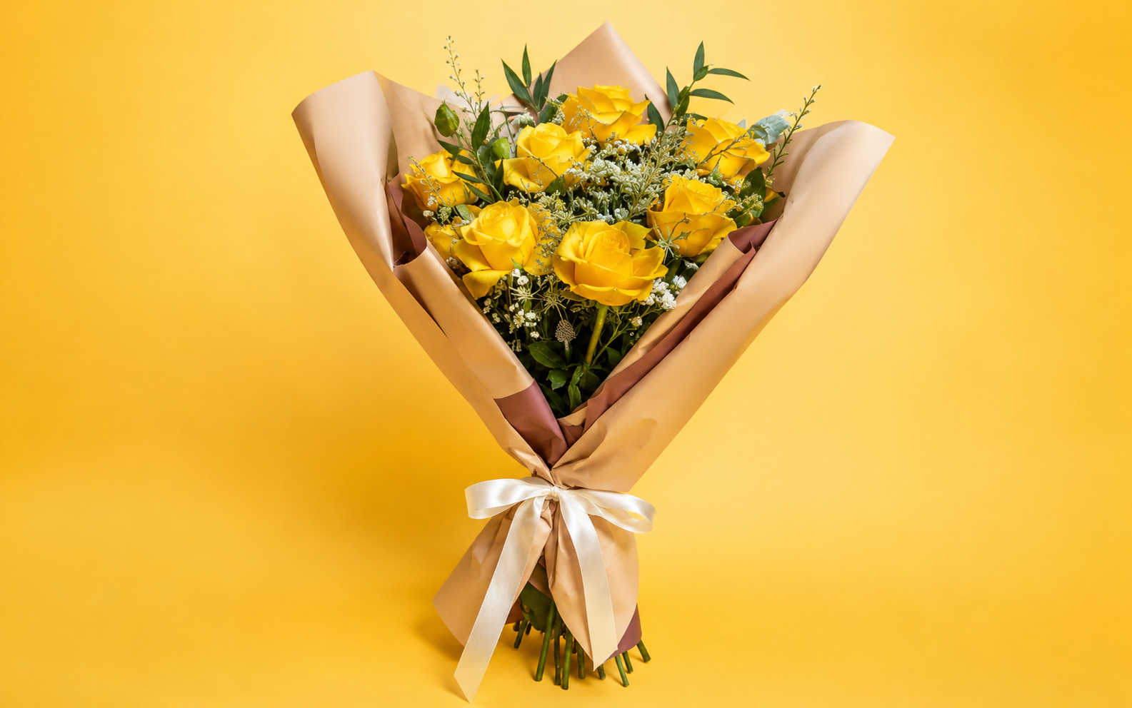 Ramo de 8 Rosas amarillas con un Licianthus Blanco