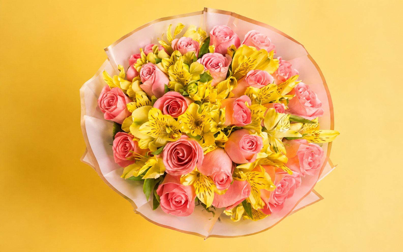 Ramo de 24 Rosas Rosas con alstromelia amarilla